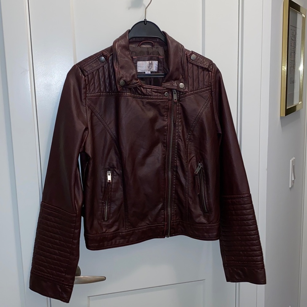 Burgundy Faux Leather Moto Jacket